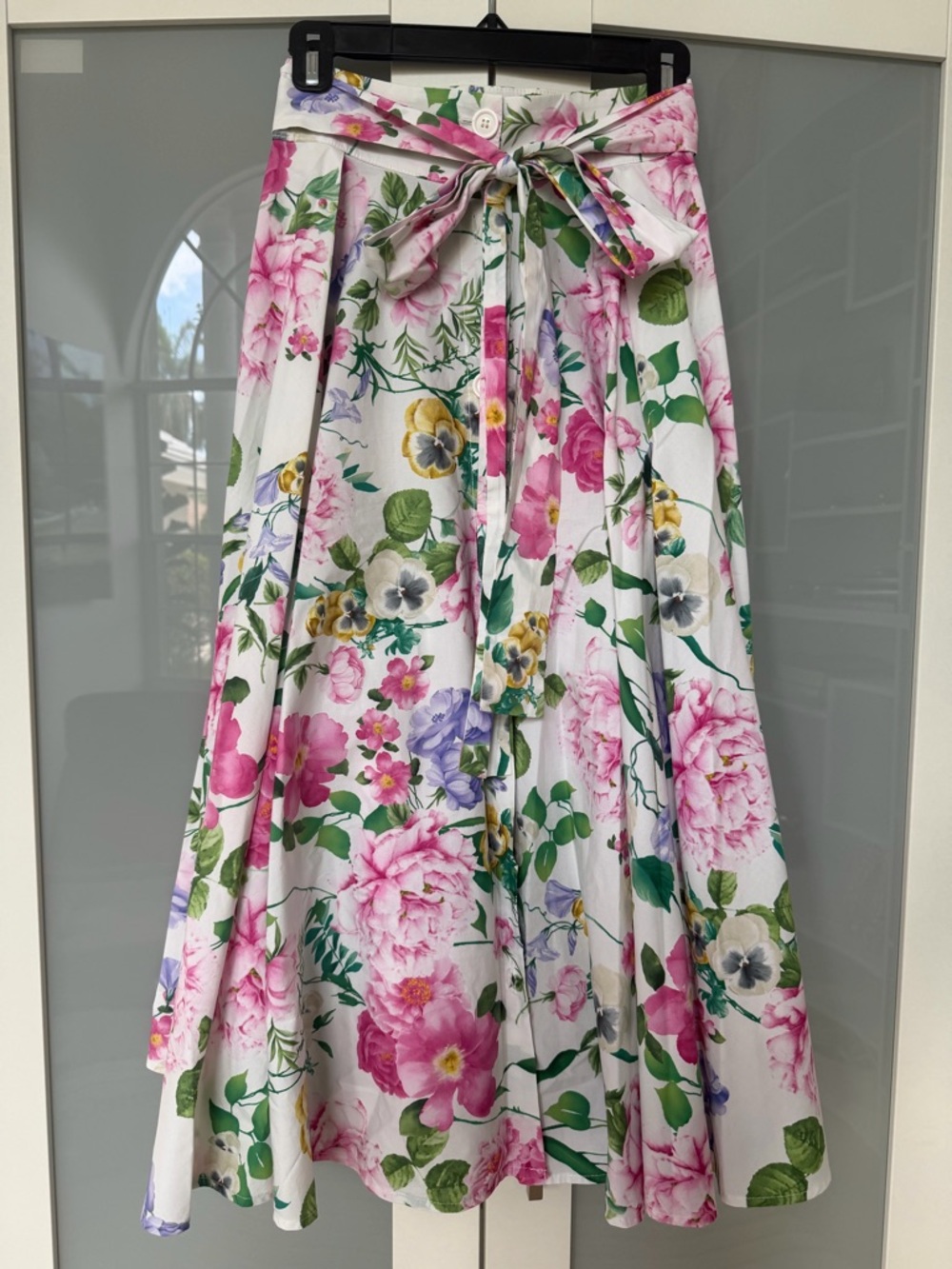 Flavio Castellani Floral Tie-Waist Midi Skirt - Pink Floral on White